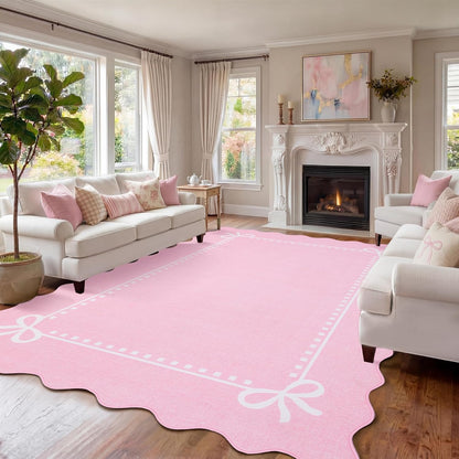 Scalloped Bow Rug for Living Room Washable Solid Pink 6x9 Area Rugs