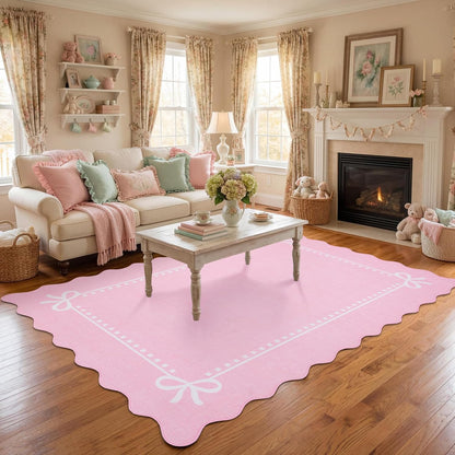 Scalloped Bow Rug for Living Room Washable Solid Pink 6x9 Area Rugs