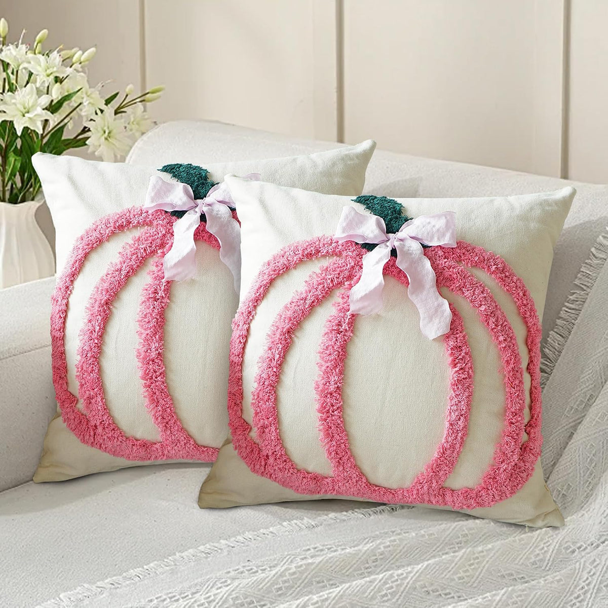 Set of 2 Fall Pumpkins Decorative Pillow Covers, Cute Bowknot Cotton Tufted Farmhouse Throw Cushion Cases for Autumn Thanksgiving Holiday Home Decorations(Pink,18"x18")