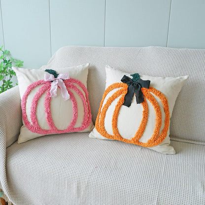 Set of 2 Fall Pumpkins Decorative Pillow Covers, Cute Bowknot Cotton Tufted Farmhouse Throw Cushion Cases for Autumn Thanksgiving Holiday Home Decorations(Pink,18"x18")