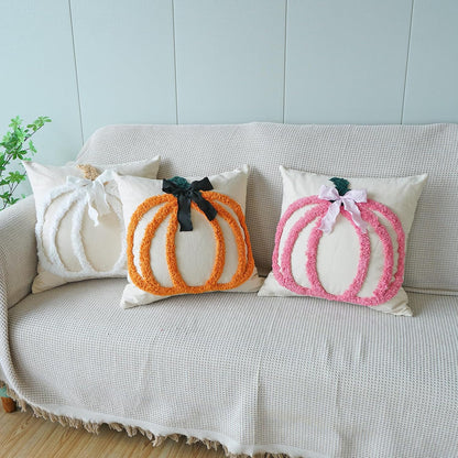Set of 2 Fall Pumpkins Decorative Pillow Covers, Cute Bowknot Cotton Tufted Farmhouse Throw Cushion Cases for Autumn Thanksgiving Holiday Home Decorations(Pink,18"x18")