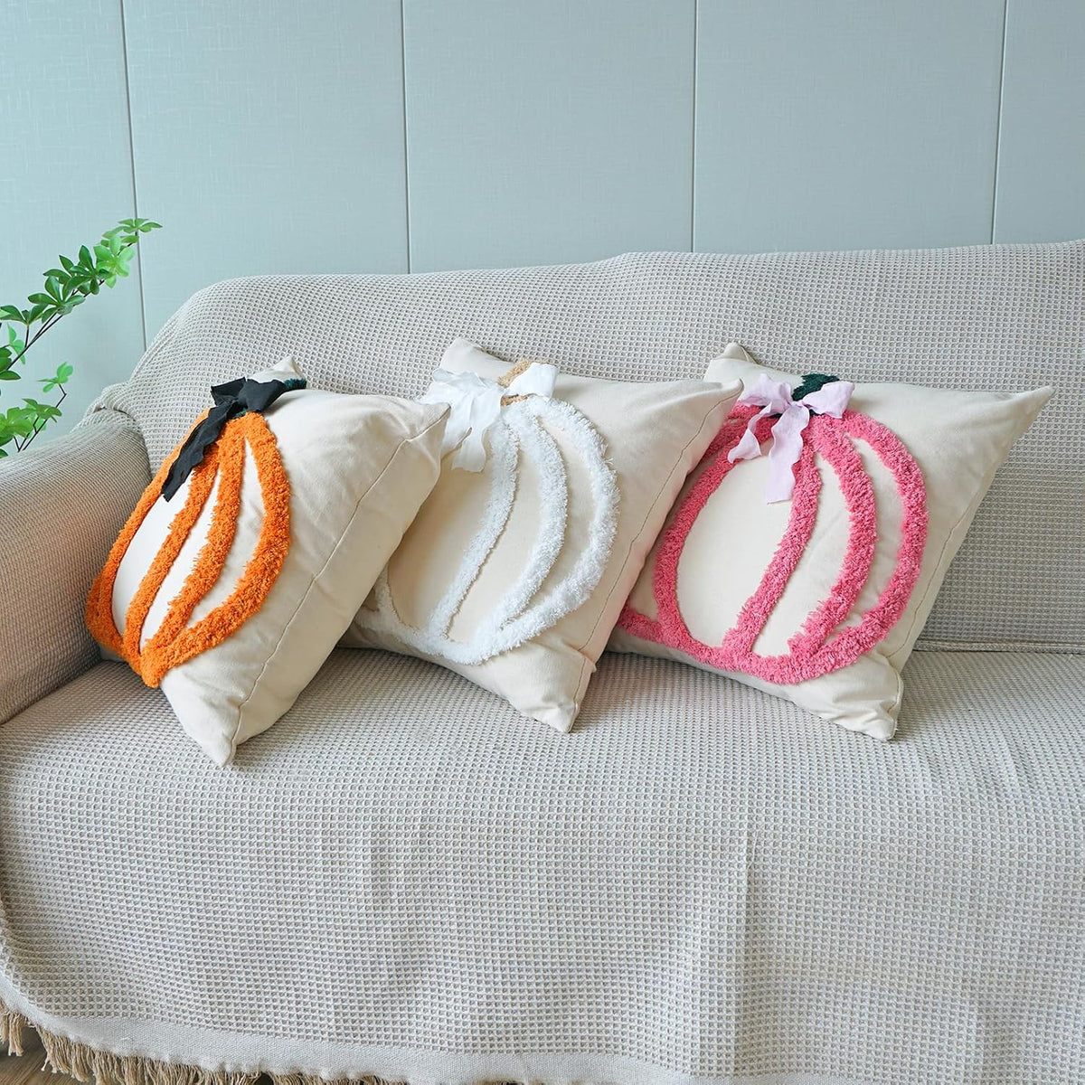 Set of 2 Fall Pumpkins Decorative Pillow Covers, Cute Bowknot Cotton Tufted Farmhouse Throw Cushion Cases for Autumn Thanksgiving Holiday Home Decorations(Pink,18"x18")