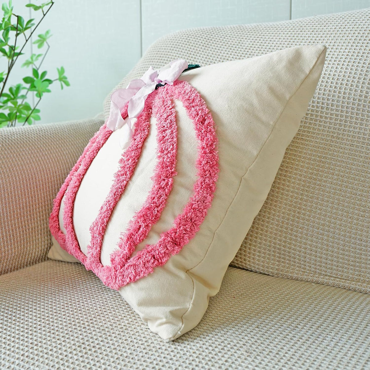 Set of 2 Fall Pumpkins Decorative Pillow Covers, Cute Bowknot Cotton Tufted Farmhouse Throw Cushion Cases for Autumn Thanksgiving Holiday Home Decorations(Pink,18"x18")