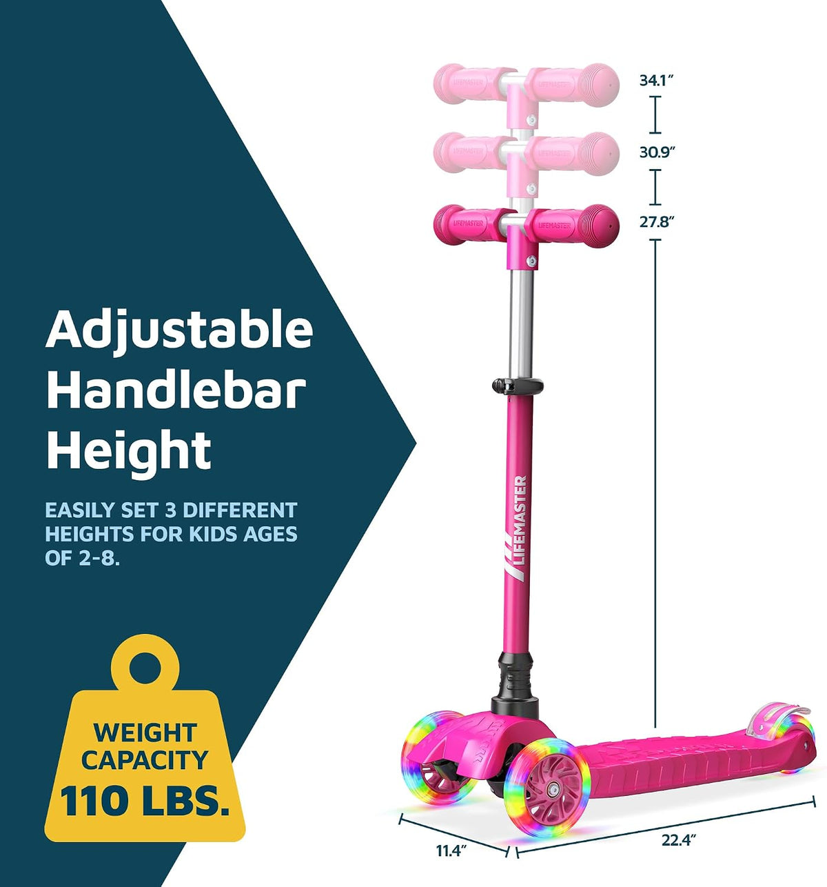 Mini 3-Wheel Kids Scooter with Multi-Color Wheel Lights – 4-Height Adjustable Handlebar, Wide Anti-Slip Deck, Child Safety Certified, Boys & Girls Ages 2+ Supports Up to 110 lbs
