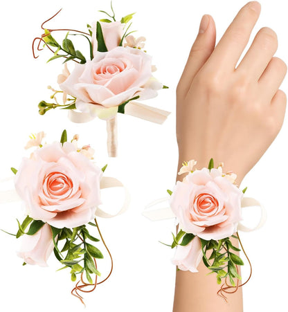2Pcs Wrist Corsage and Boutonniere Set, Prom Wrist Corsage Artificial Flowers for Homecoming/Wedding/Anniversary, Party Suit Flower Accessories(Pink)