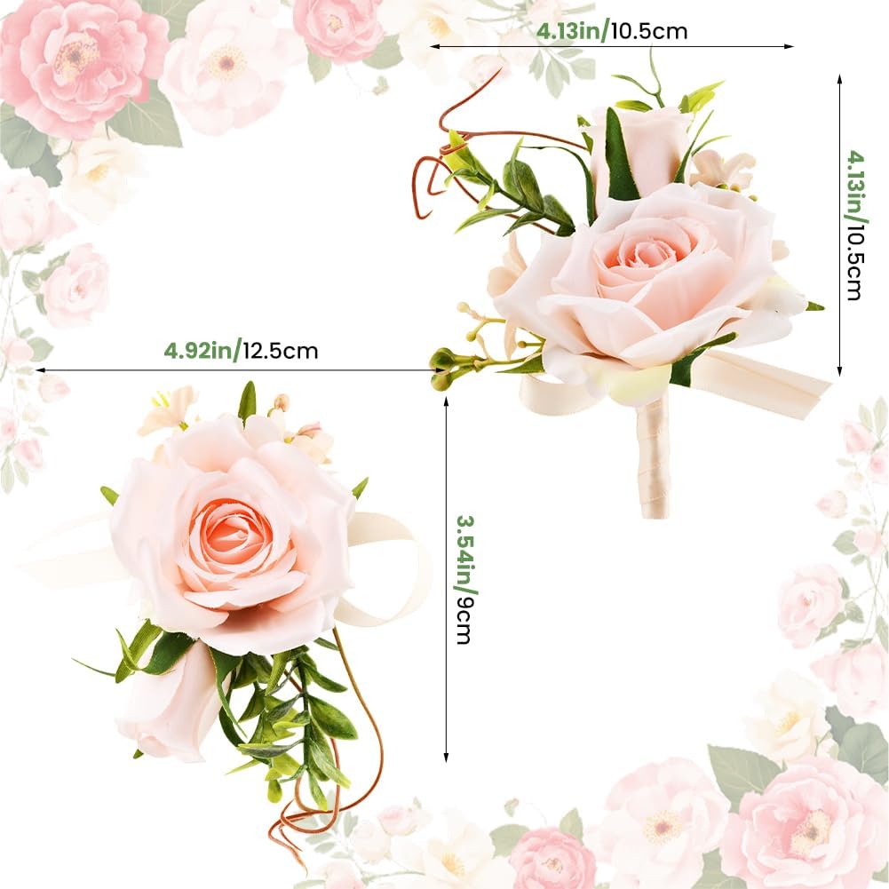2Pcs Wrist Corsage and Boutonniere Set, Prom Wrist Corsage Artificial Flowers for Homecoming/Wedding/Anniversary, Party Suit Flower Accessories(Pink)
