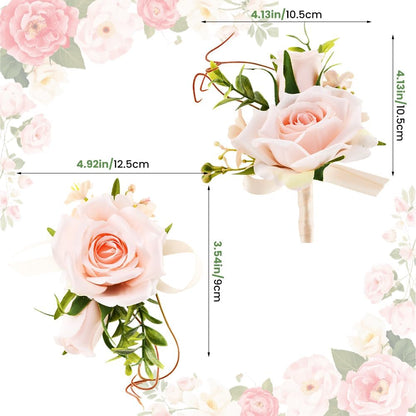 2Pcs Wrist Corsage and Boutonniere Set, Prom Wrist Corsage Artificial Flowers for Homecoming/Wedding/Anniversary, Party Suit Flower Accessories(Pink)