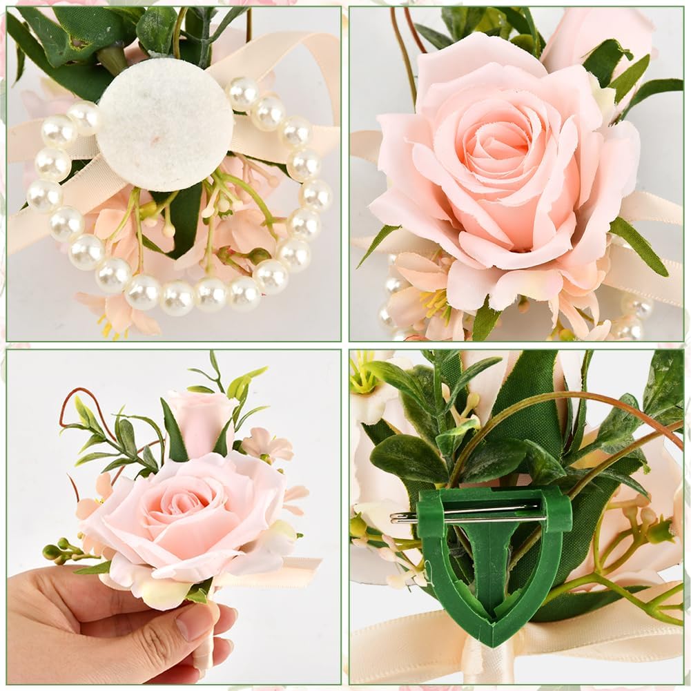 2Pcs Wrist Corsage and Boutonniere Set, Prom Wrist Corsage Artificial Flowers for Homecoming/Wedding/Anniversary, Party Suit Flower Accessories(Pink)