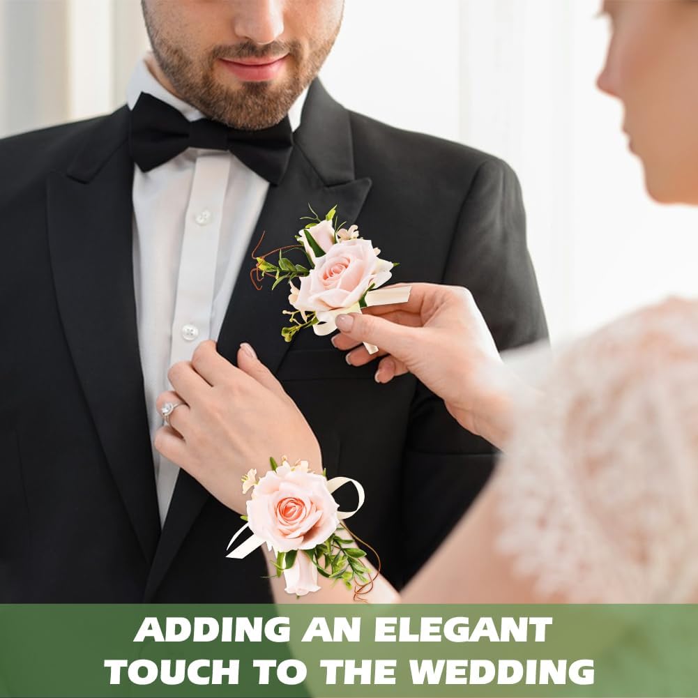 2Pcs Wrist Corsage and Boutonniere Set, Prom Wrist Corsage Artificial Flowers for Homecoming/Wedding/Anniversary, Party Suit Flower Accessories(Pink)