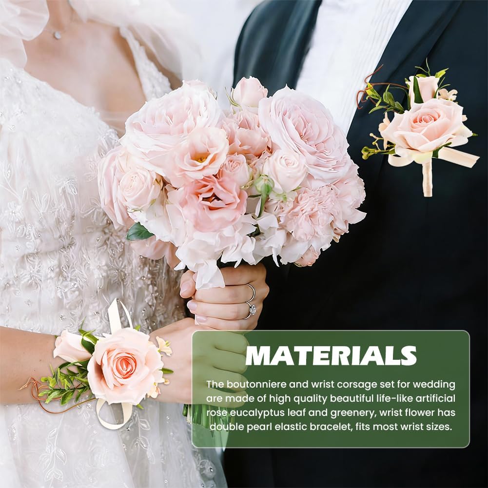 2Pcs Wrist Corsage and Boutonniere Set, Prom Wrist Corsage Artificial Flowers for Homecoming/Wedding/Anniversary, Party Suit Flower Accessories(Pink)