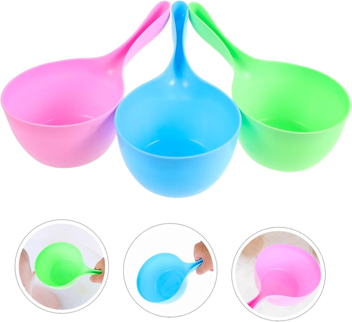 3pcs Thickened Water Ladle Set, Bathroom Hair Washing Scoop, Kitchen Water Scoop for Bathing, Plastic, Blue Green Pink