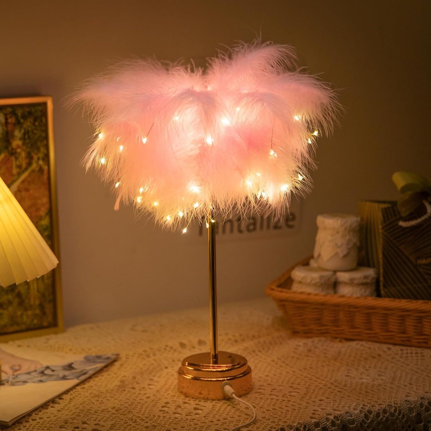 Pink Feather Lamp - LED Atmosphere Feather Night Lights Bedside Lamps for Mother, Girlfriend Home Girl Room Wedding Decoration