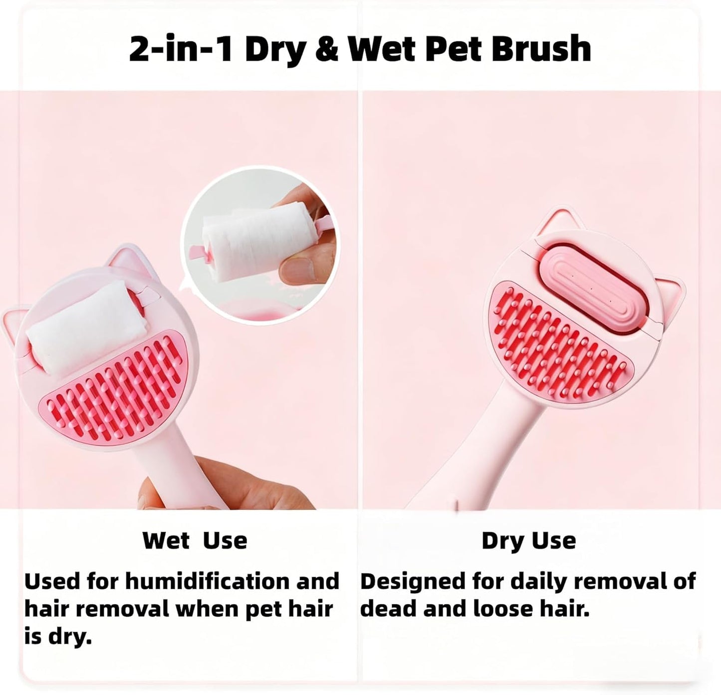 2-IN-1 Dry & Wet Cat Dog Brush for shedding, Pet Grooming Cat Brush with Water Tank Shedding Brush for Short or Long Hair, Massage, Cleaning, Shedding & Combing All In One! (Pink)