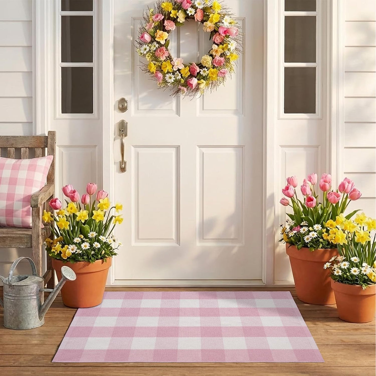 Spring Pink and White Plaid Rug, 2'4" x 3'7" Cotton Blend Layered Doormat Rug for Front Door, Hand-Woven Washable Entryway & Porch Decor