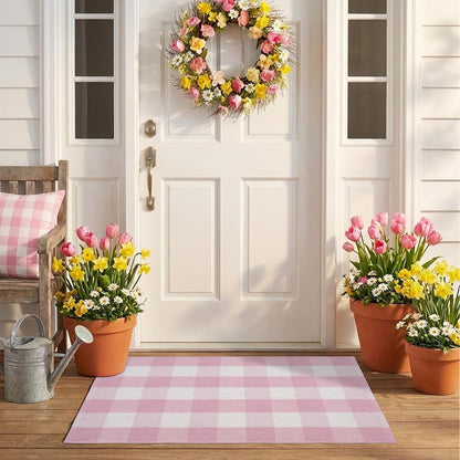 Spring Pink and White Plaid Rug, 2'4" x 3'7" Cotton Blend Layered Doormat Rug for Front Door, Hand-Woven Washable Entryway & Porch Decor