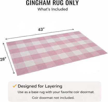 Spring Pink and White Plaid Rug, 2'4" x 3'7" Cotton Blend Layered Doormat Rug for Front Door, Hand-Woven Washable Entryway & Porch Decor