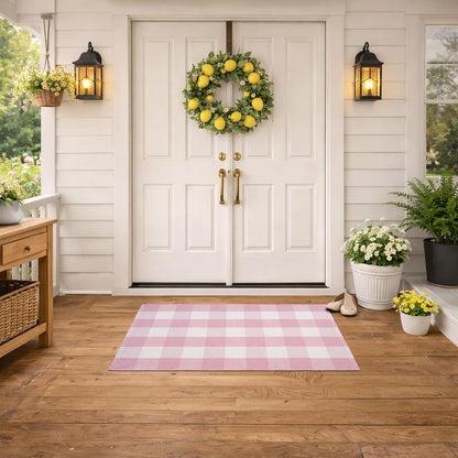 Spring Pink and White Plaid Rug, 2'4" x 3'7" Cotton Blend Layered Doormat Rug for Front Door, Hand-Woven Washable Entryway & Porch Decor