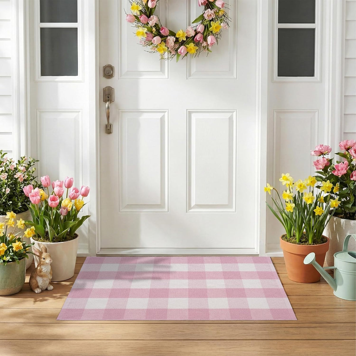 Spring Pink and White Plaid Rug, 2'4" x 3'7" Cotton Blend Layered Doormat Rug for Front Door, Hand-Woven Washable Entryway & Porch Decor