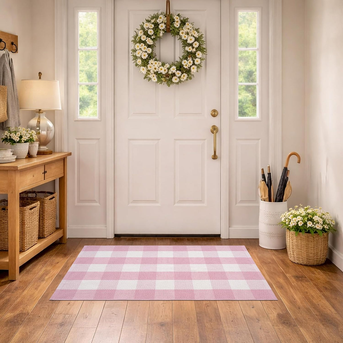 Spring Pink and White Plaid Rug, 2'4" x 3'7" Cotton Blend Layered Doormat Rug for Front Door, Hand-Woven Washable Entryway & Porch Decor