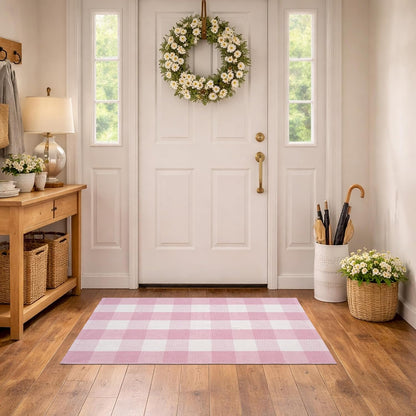 Spring Pink and White Plaid Rug, 2'4" x 3'7" Cotton Blend Layered Doormat Rug for Front Door, Hand-Woven Washable Entryway & Porch Decor