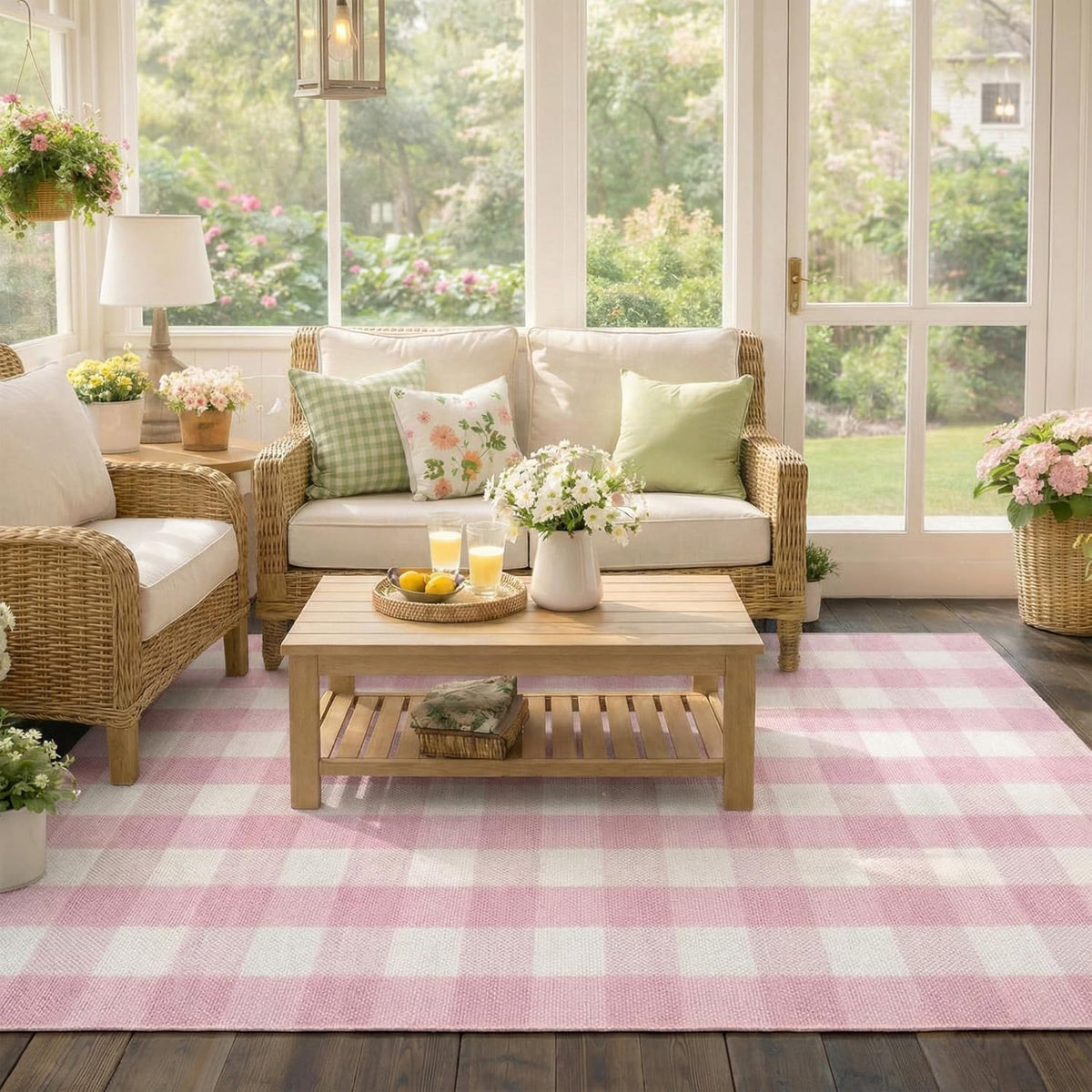Spring Pink and White Plaid Rug, 2'4" x 3'7" Cotton Blend Layered Doormat Rug for Front Door, Hand-Woven Washable Entryway & Porch Decor