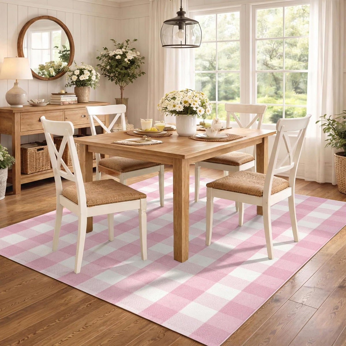 Spring Pink and White Plaid Rug, 2'4" x 3'7" Cotton Blend Layered Doormat Rug for Front Door, Hand-Woven Washable Entryway & Porch Decor