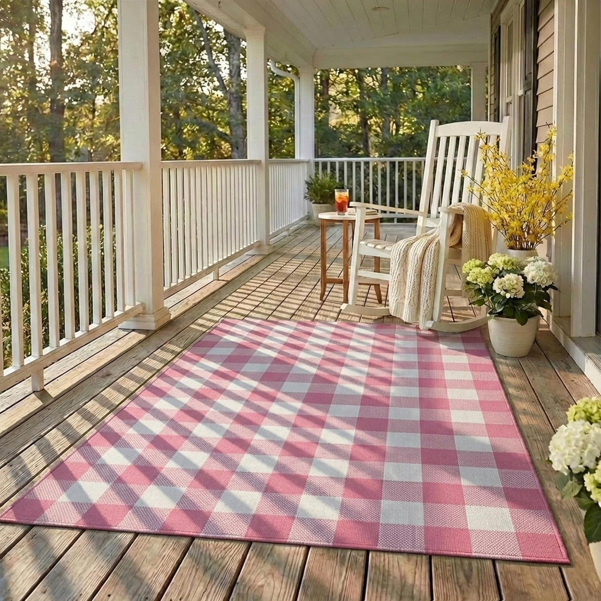 Spring Pink and White Plaid Rug, 2'4" x 3'7" Cotton Blend Layered Doormat Rug for Front Door, Hand-Woven Washable Entryway & Porch Decor