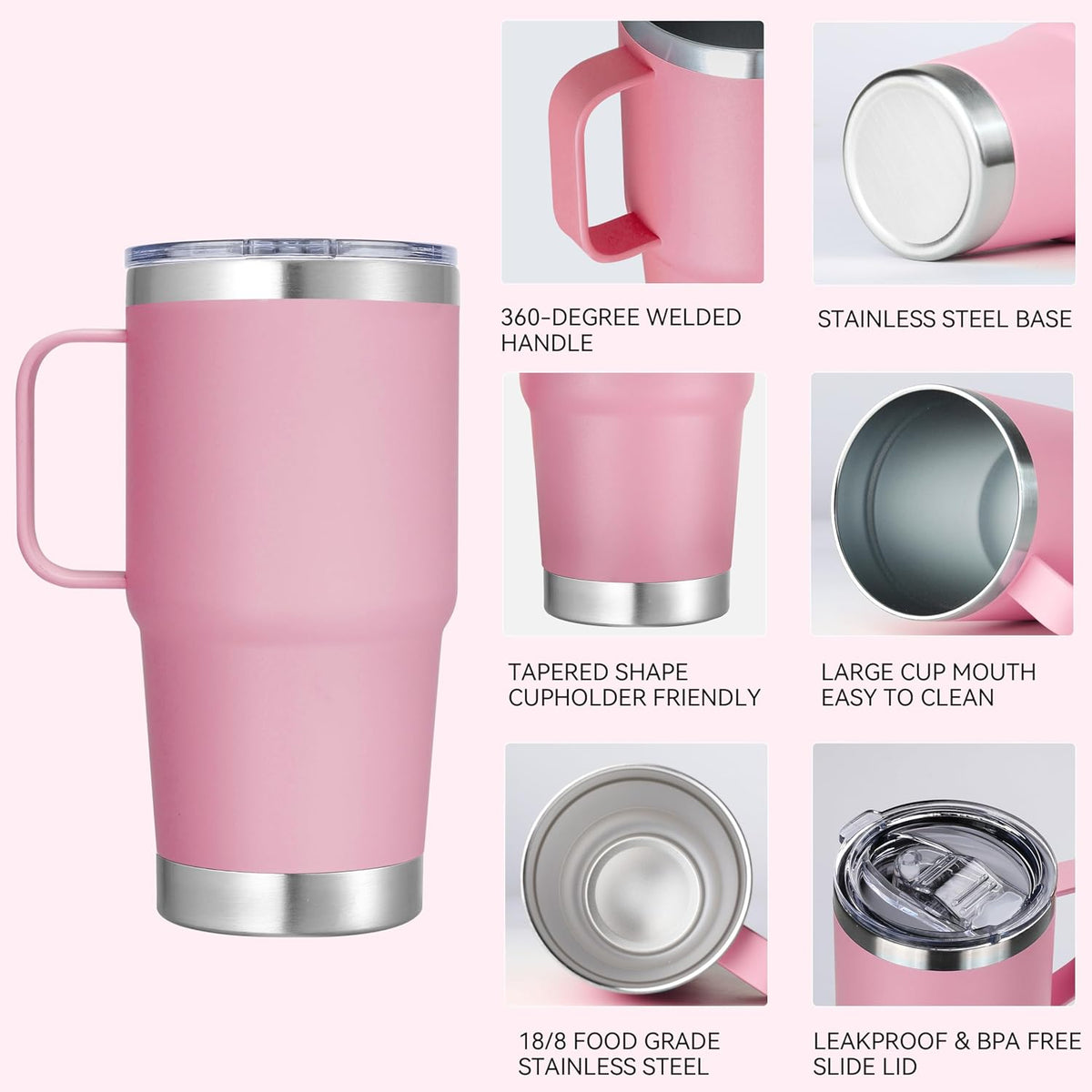 20 oz Stainless Steel Tumbler with Handle Metal Insulated Coffee Travel Mug with Handle Double Wall Tumbler Cup with Handle and Lid, Pink 1 Pack