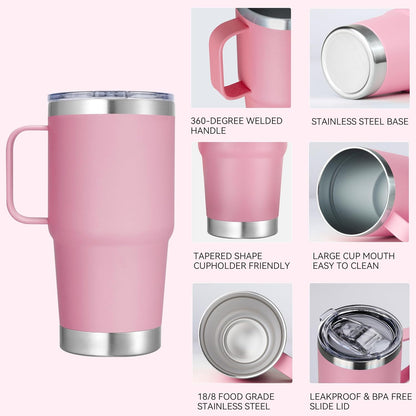 20 oz Stainless Steel Tumbler with Handle Metal Insulated Coffee Travel Mug with Handle Double Wall Tumbler Cup with Handle and Lid, Pink 1 Pack
