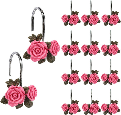 Rose Flower Decorative Shower Curtain Hooks 12pcs Rust Proof Shower Curtain Hooks Rings Shower Curtain Hangers Cute Bathroom Decor Accessories for Baby Room Bedroom Living Room (Pink)