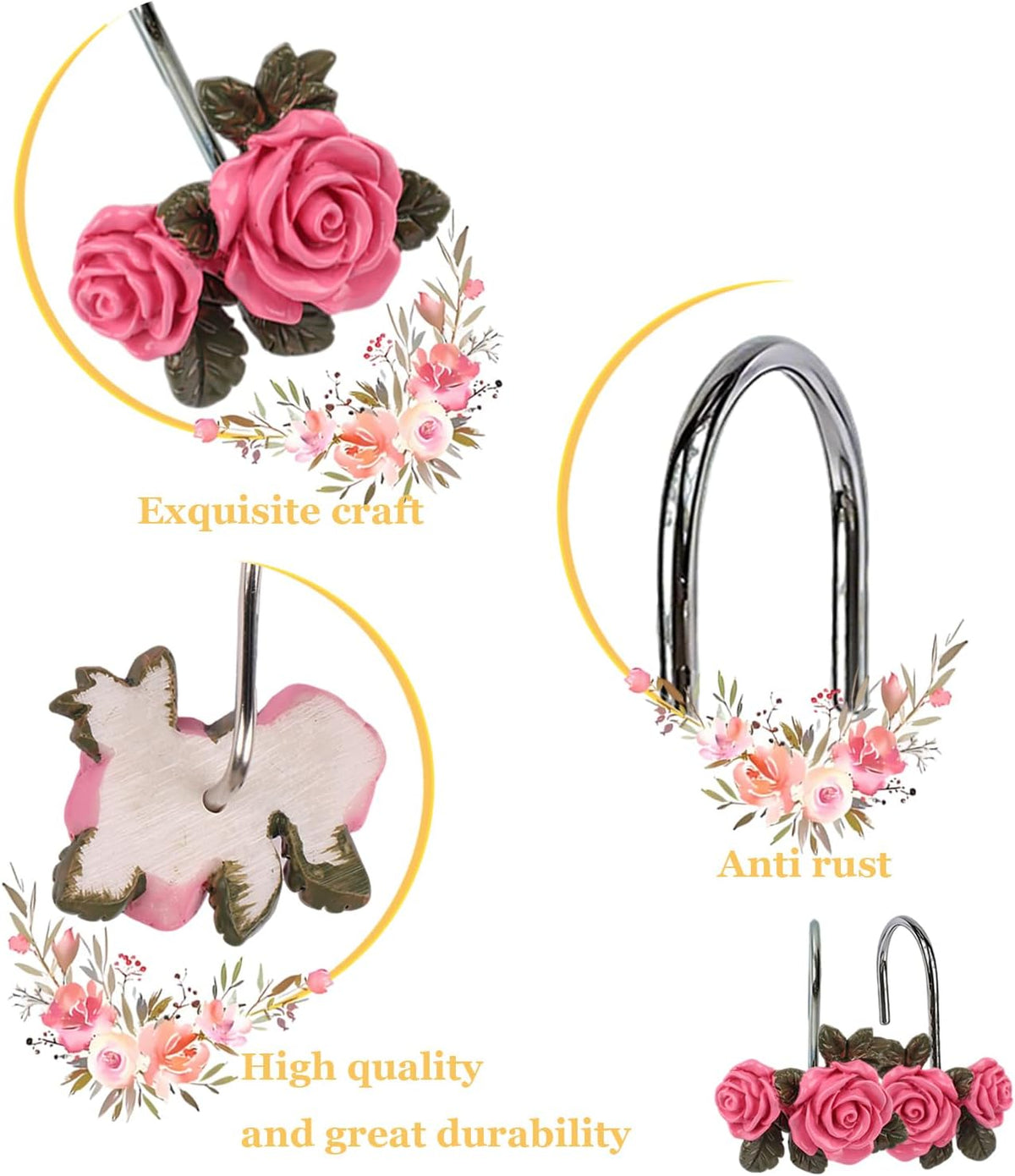 Rose Flower Decorative Shower Curtain Hooks 12pcs Rust Proof Shower Curtain Hooks Rings Shower Curtain Hangers Cute Bathroom Decor Accessories for Baby Room Bedroom Living Room (Pink)
