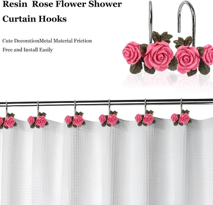 Rose Flower Decorative Shower Curtain Hooks 12pcs Rust Proof Shower Curtain Hooks Rings Shower Curtain Hangers Cute Bathroom Decor Accessories for Baby Room Bedroom Living Room (Pink)