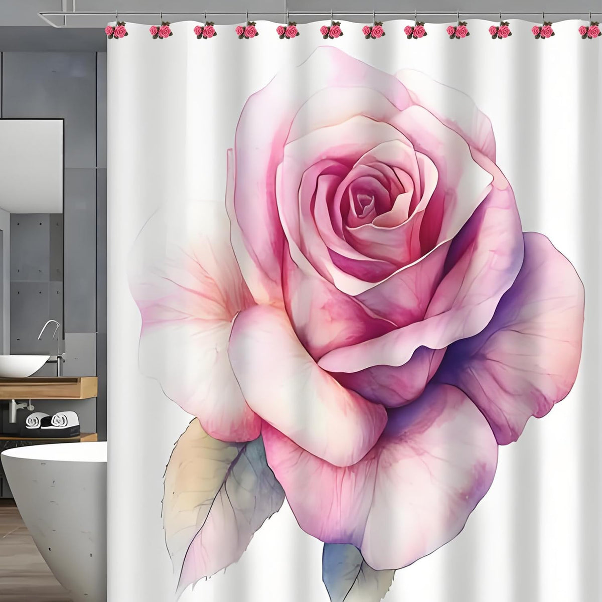 Rose Flower Decorative Shower Curtain Hooks 12pcs Rust Proof Shower Curtain Hooks Rings Shower Curtain Hangers Cute Bathroom Decor Accessories for Baby Room Bedroom Living Room (Pink)