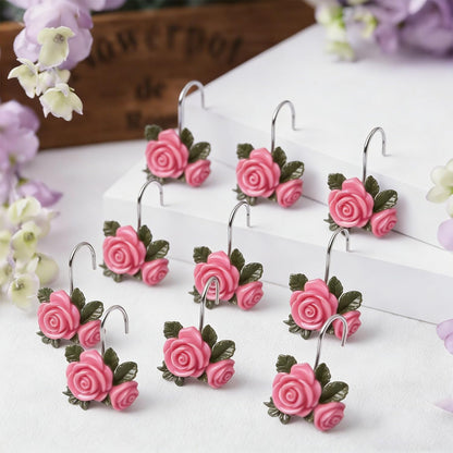 Rose Flower Decorative Shower Curtain Hooks 12pcs Rust Proof Shower Curtain Hooks Rings Shower Curtain Hangers Cute Bathroom Decor Accessories for Baby Room Bedroom Living Room (Pink)
