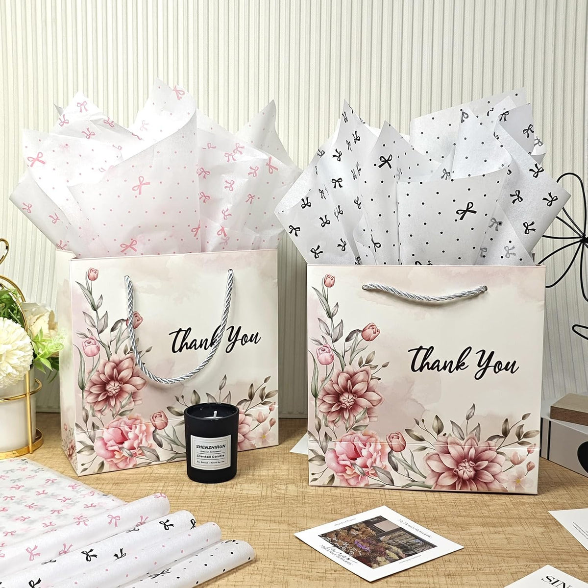 60 Sheets Black & Pink Bow Tissue Paper Bulk Wrapping Tissue Paper for Gift Bags Crafts, Pretty Art Packing Supplies for Birthdays, Weddings, Bridal Shower, Holiday Decor, 20x14in