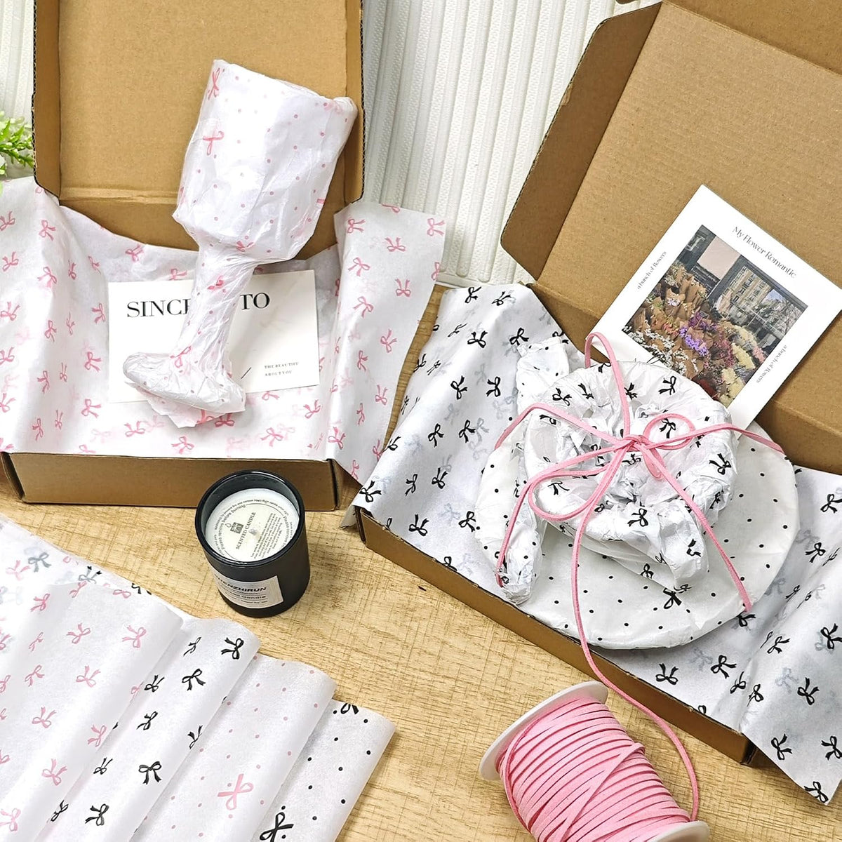 60 Sheets Black & Pink Bow Tissue Paper Bulk Wrapping Tissue Paper for Gift Bags Crafts, Pretty Art Packing Supplies for Birthdays, Weddings, Bridal Shower, Holiday Decor, 20x14in