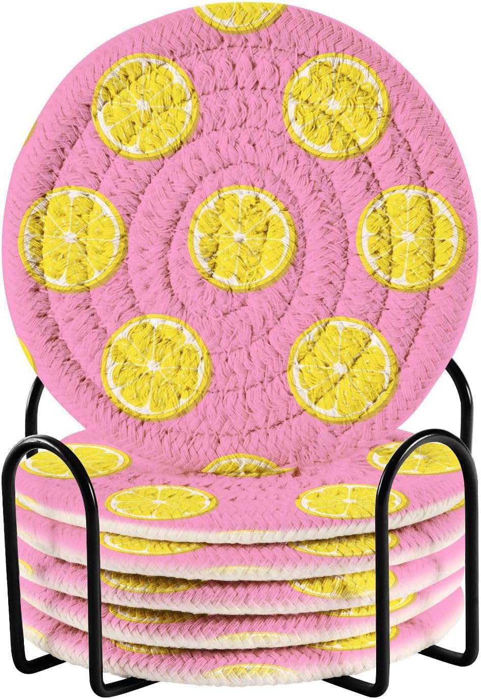 Pink Lemonade Pattern Coasters Set of 6 - with Holder, Coasters for Drinks, Woven Coaster Set for Home Decor Tabletop Protection Suitable for Kinds of Cups, 3.94 Inch