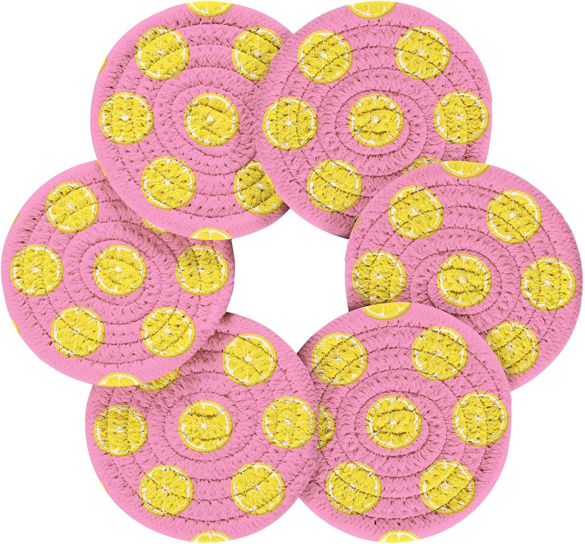 Pink Lemonade Pattern Coasters Set of 6 - with Holder, Coasters for Drinks, Woven Coaster Set for Home Decor Tabletop Protection Suitable for Kinds of Cups, 3.94 Inch