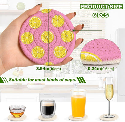 Pink Lemonade Pattern Coasters Set of 6 - with Holder, Coasters for Drinks, Woven Coaster Set for Home Decor Tabletop Protection Suitable for Kinds of Cups, 3.94 Inch