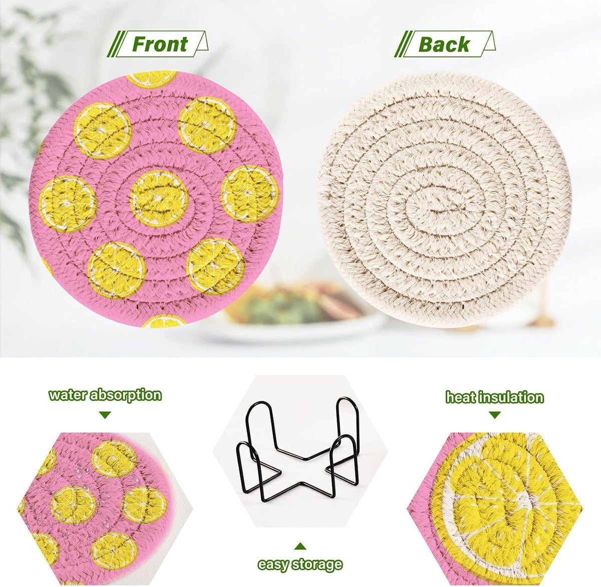 Pink Lemonade Pattern Coasters Set of 6 - with Holder, Coasters for Drinks, Woven Coaster Set for Home Decor Tabletop Protection Suitable for Kinds of Cups, 3.94 Inch
