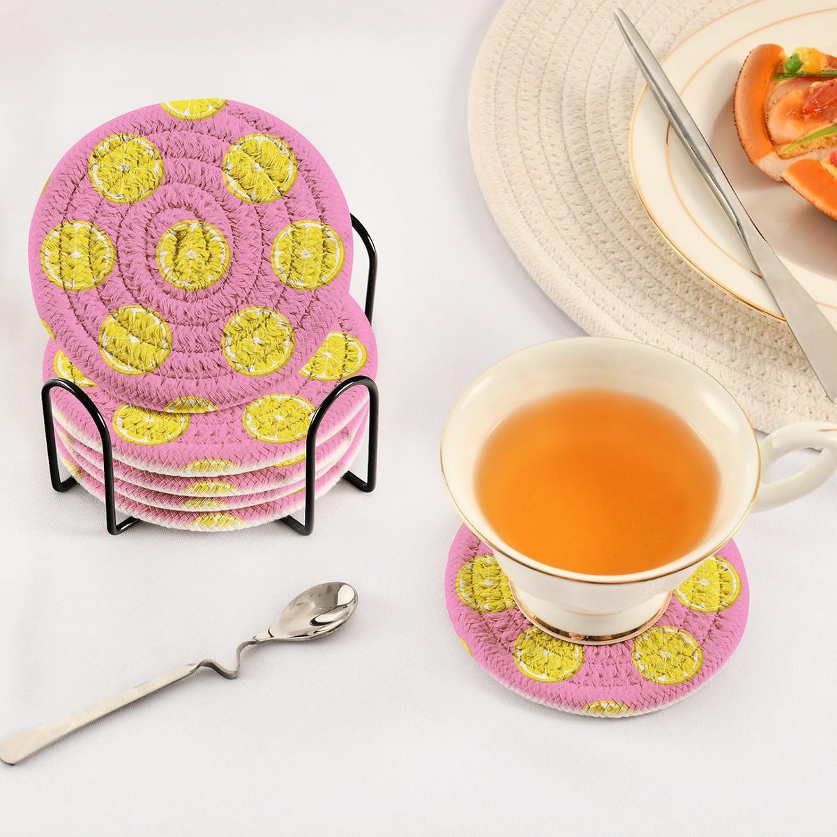 Pink Lemonade Pattern Coasters Set of 6 - with Holder, Coasters for Drinks, Woven Coaster Set for Home Decor Tabletop Protection Suitable for Kinds of Cups, 3.94 Inch