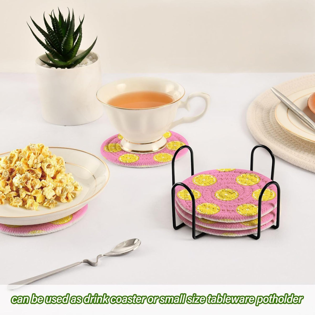 Pink Lemonade Pattern Coasters Set of 6 - with Holder, Coasters for Drinks, Woven Coaster Set for Home Decor Tabletop Protection Suitable for Kinds of Cups, 3.94 Inch