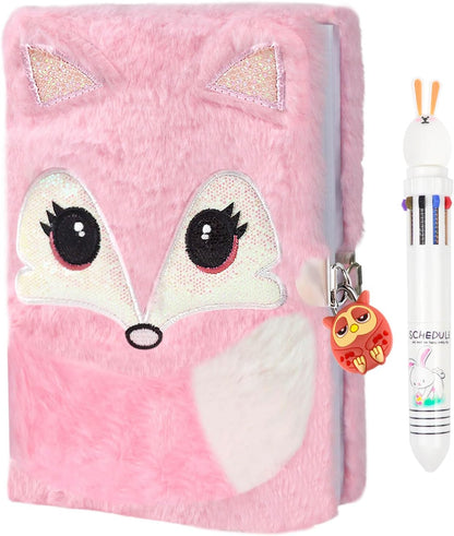 Plush Fox Diary, Pink Girls Journal with Lock