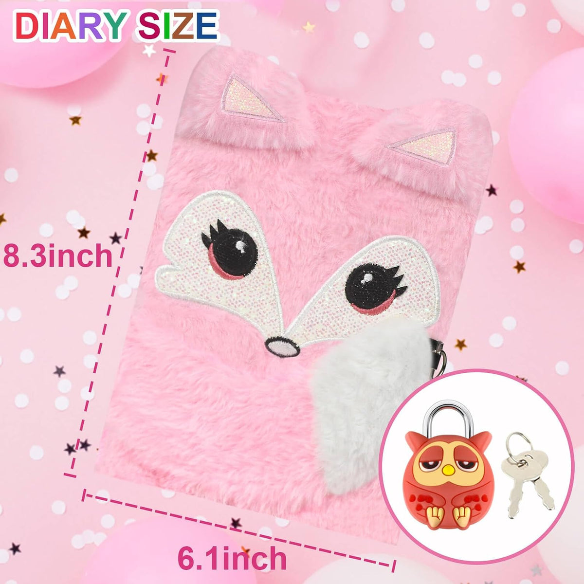 Plush Fox Diary, Pink Girls Journal with Lock