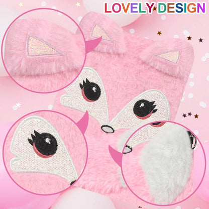 Plush Fox Diary, Pink Girls Journal with Lock