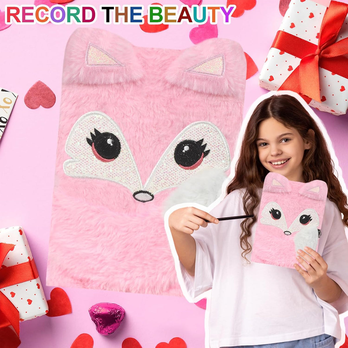Plush Fox Diary, Pink Girls Journal with Lock