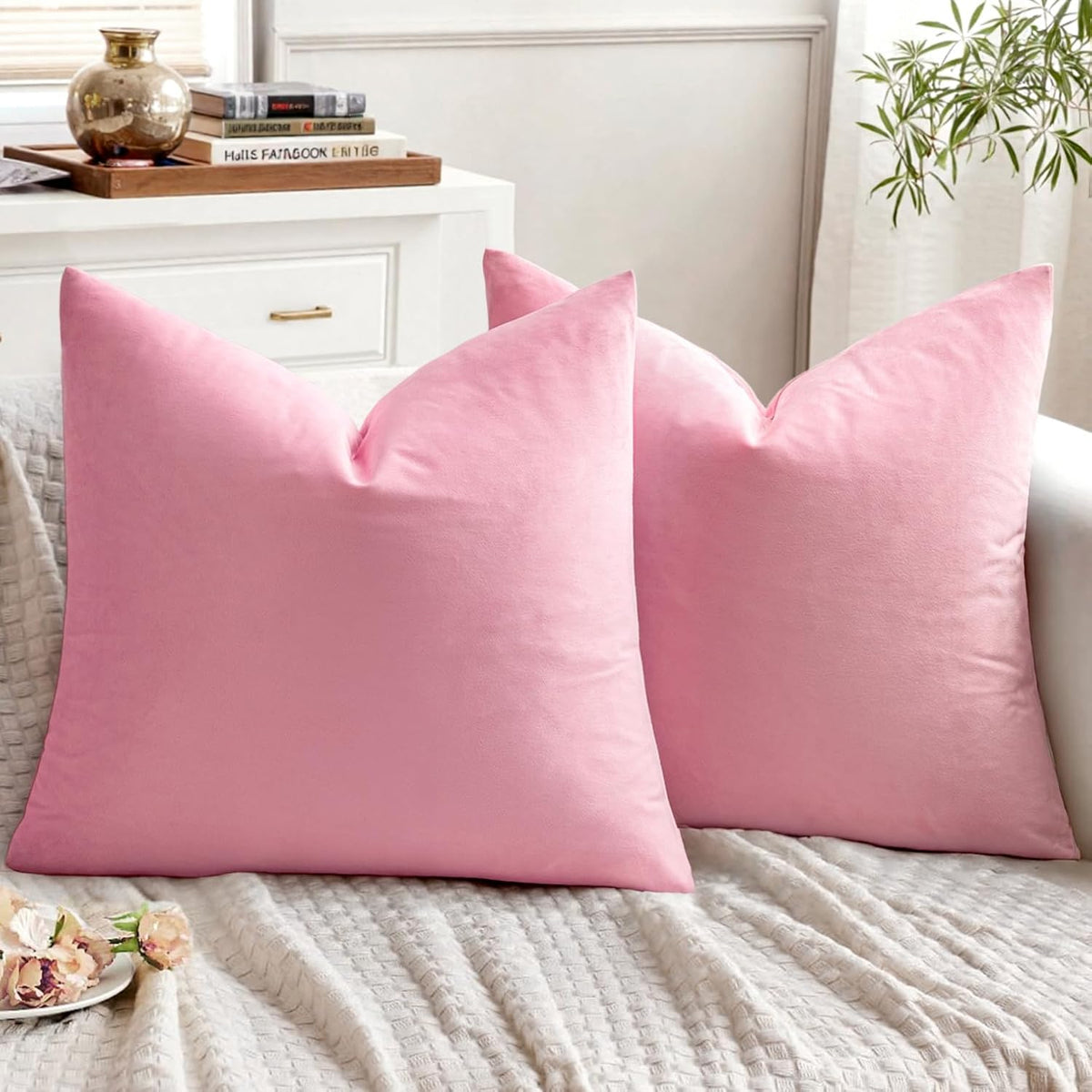 Pack of 2 Velvet Throw Pillow Covers Decorative Square Pillowcase Soft Solid Cushion Case for Sofa Bedroom Chair Car 18x18 Inch Bright Pink