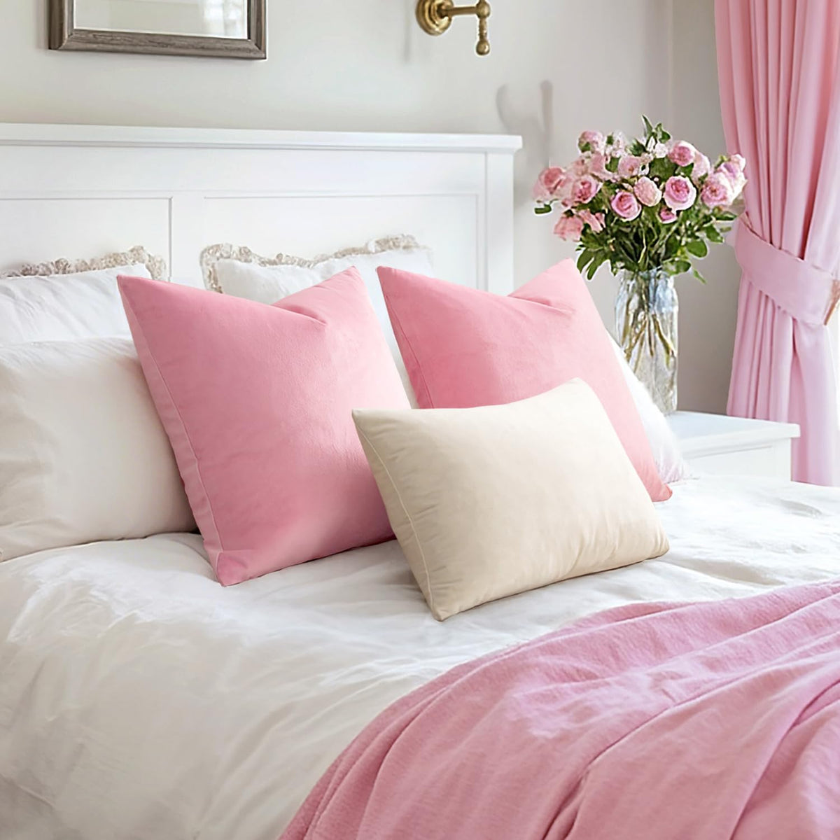 Pack of 2 Velvet Throw Pillow Covers Decorative Square Pillowcase Soft Solid Cushion Case for Sofa Bedroom Chair Car 18x18 Inch Bright Pink