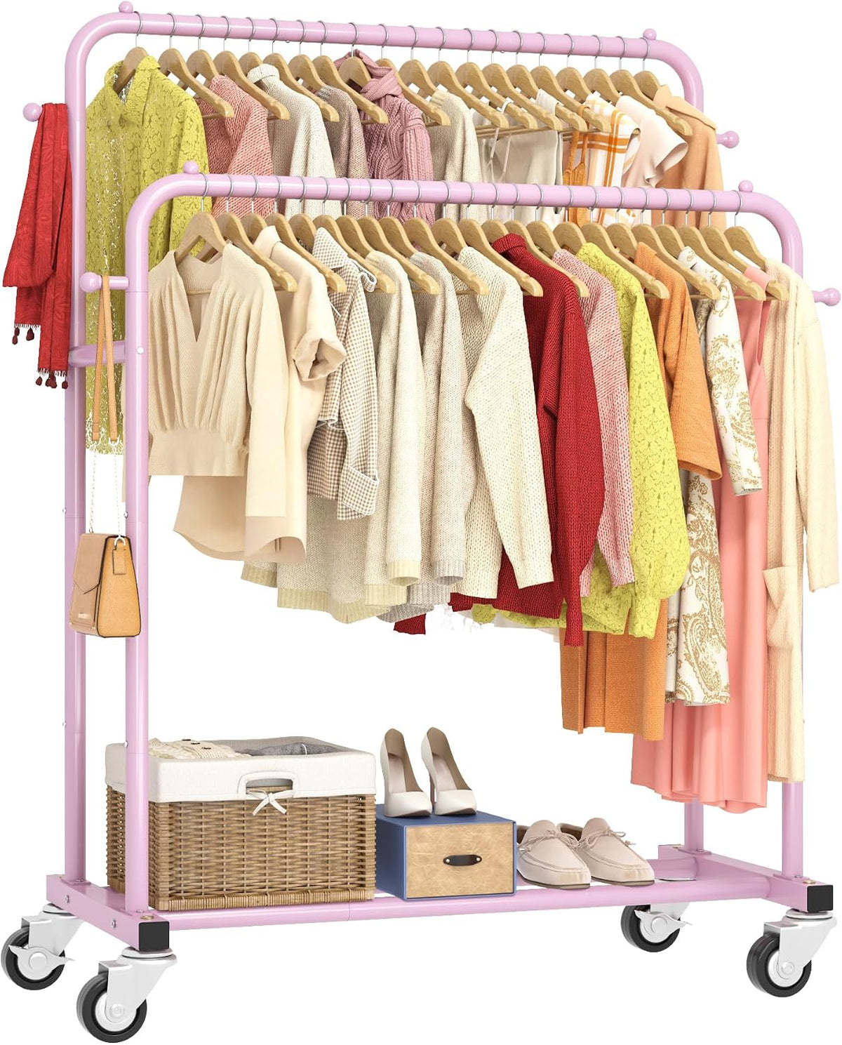 Double Rods Garment Rack with Wheels, Clothing Rack for Hanging Clothes,4 Hooks, Multi-Functional Bedroom Clothes Rack, Pink