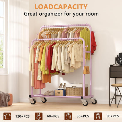 Double Rods Garment Rack with Wheels, Clothing Rack for Hanging Clothes,4 Hooks, Multi-Functional Bedroom Clothes Rack, Pink